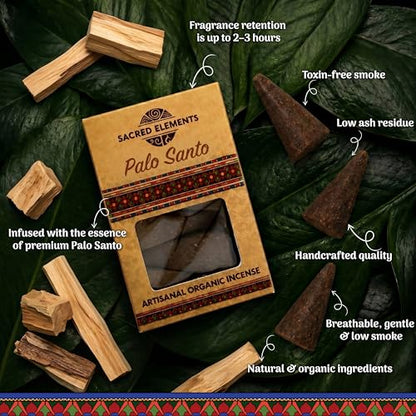 Sacred Elements Organic Incense Cones – Palo Santo Scent (Pack of 4) | Natural Aromatherapy for Energy Cleansing & Relaxation | Handcrafted, Low Smoke, Long-Lasting Fragrance for Home Use