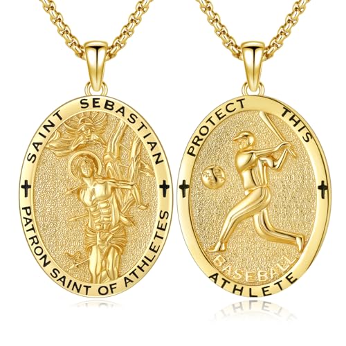 Silver/14K Gold Patron Saint Medal Amulet Necklace for Men Women - color: Gold, style: 19A-St Sebastian Baseball