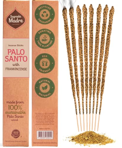 Sagrada Madre 8pcs Wildly Harvested Thick Palo Santo Incense Sticks (Frankincense), 9” Long - Eco Friendly, Non-Toxic, Aromatic Incense Sticks (1hr Burning Time) to Heal & Calm Your Body & Environment