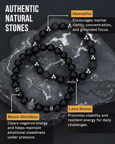 Mens Beaded Bracelets, Cross Bracelet for Men with Hematite Black Obsidian Lava Stone Triple Protection Bracelets for Men - size: Medium, style: Crown