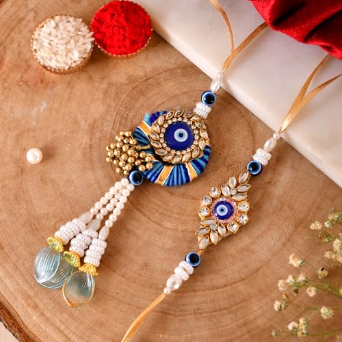 Premium Designer Bhaiya Bhabhi Rakhi Set with Lumba, Greeting Card, Roli Chawal & Fridge Magnet - color: Design-5