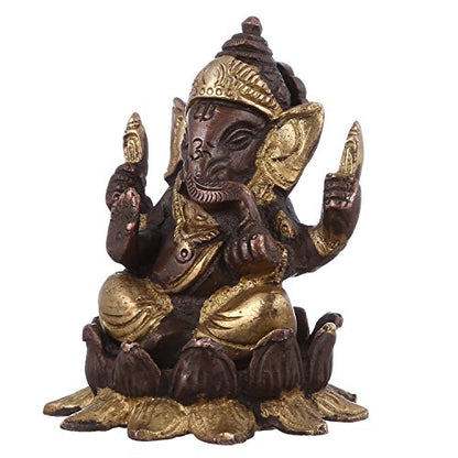 Purpledip Lakshmi Ganesha On Lotus Flower: Brass Statue Set in Unique Copper-Gold Finish; Rare Collection Idols for Home Temple (10947)