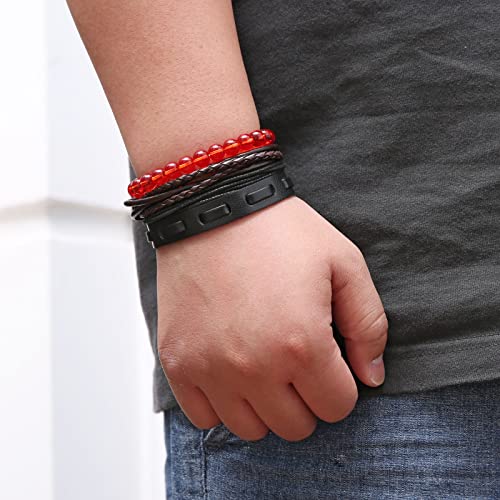 HZMAN Handmade Hemp Cords Wood Beads Leather Bracelets for Men Women - style: Red Onyx Stone