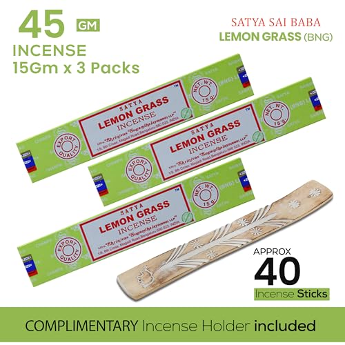 Satya Nagchampa Lemon Grass Incense Sticks, Satya Bng (Bangalore) Insenses 15gmx3 Pack (45 GMS) with Raajsee Incense Holder Bundle, Satya Nagchampa Natural Incense - color: Lemon Grass