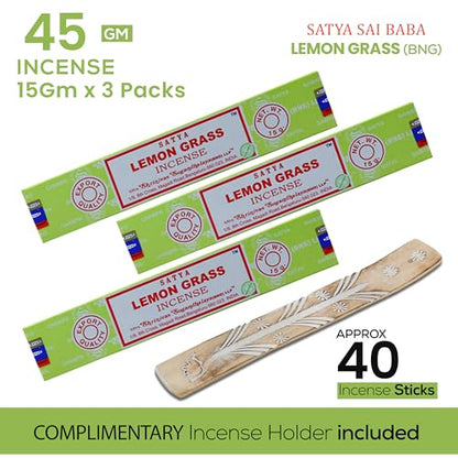 Satya Nagchampa Lemon Grass Incense Sticks, Satya Bng (Bangalore) Insenses 15gmx3 Pack (45 GMS) with Raajsee Incense Holder Bundle, Satya Nagchampa Natural Incense - color: Lemon Grass