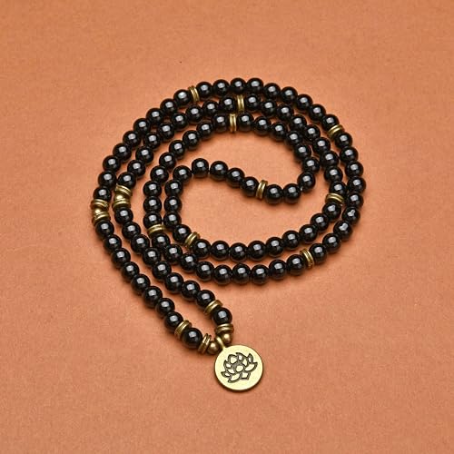 108 Healing Mala Beads Bracelet or Necklace with Gold Lotus Charm - style: Black Agate