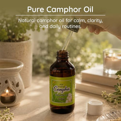 SOUL STICKS Natural Camphor Essential Oil 4 Fl Oz (120ml) 100% Natural Camphor Oil with Glass Dropper for Aromatherapy, Puja, Massage, Skin Care - size: 4 Fl Oz (Pack of 1)