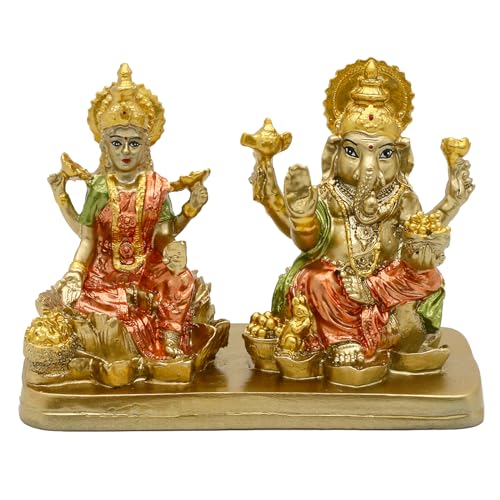alikiki Hindu Lord Ganesha Lakshmi Statue – 3.7“H Indian God Laxmi Ganesh Murti Item Home Temple Puja Pooja Idol Diwali Gift India Home Office Mandir Altar Item