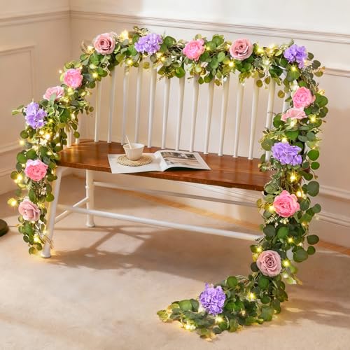 Livole 2Pcs 12 Ft Flower Garland with Light, Pink Peony Floral Garland - color: Pink With Light, size: 2Pcs