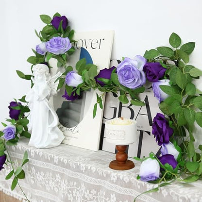 GREENTIME 2Pack Mixed Purple Flower Garland Each 6.5FT Fake Rose Garland - color: Light Dark Purple