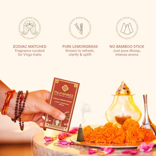 Pujashree Zodiac Dhoop Cones for Pooja - Organic & Natural Long Lasting Woody Aroma Fragrance Incense Sticks Mandir Puja (Virgo (Lemongrass))