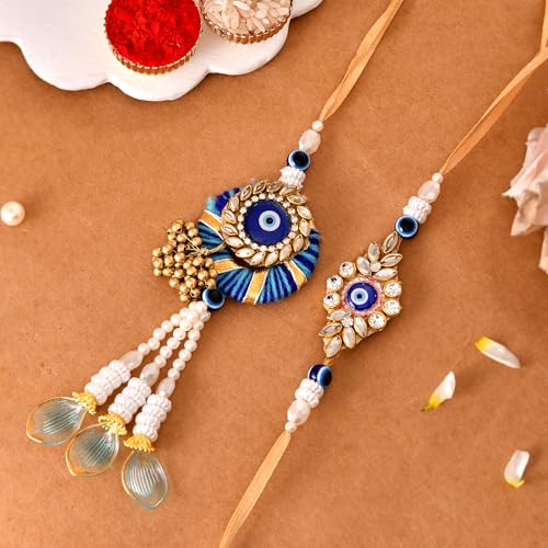 Premium Designer Bhaiya Bhabhi Rakhi Set with Lumba, Greeting Card, Roli Chawal & Fridge Magnet - color: Design-5