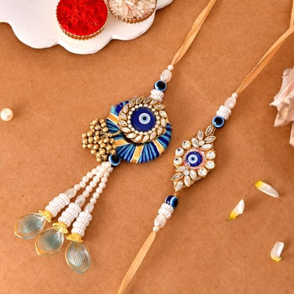 Premium Designer Bhaiya Bhabhi Rakhi Set with Lumba, Greeting Card, Roli Chawal & Fridge Magnet - color: Design-5