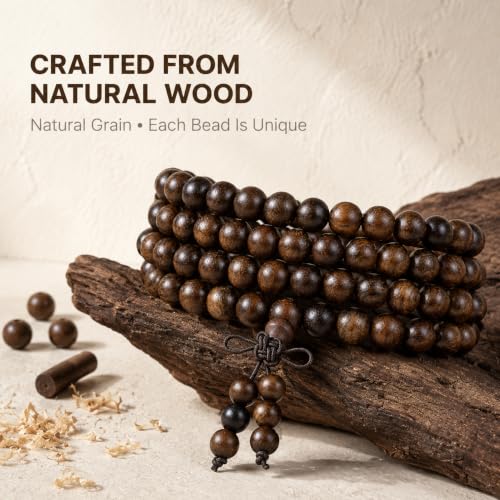 Mala Beads, 108 Natural Wood Bracelet, Handmade Wood Beads Yoga Meditation Prayer Beaded Jewelry for Men Women - color: Padauk Wood Beads