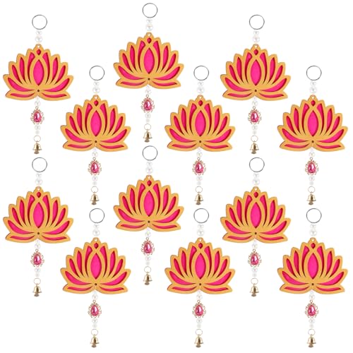 12 Pcs Lotus Hangings Garlands Diwali Floral Wall Hangings Indian Pooja Room Wood Decoration Back Dropper Showpiece for Diwali Temple Home Wall Decor