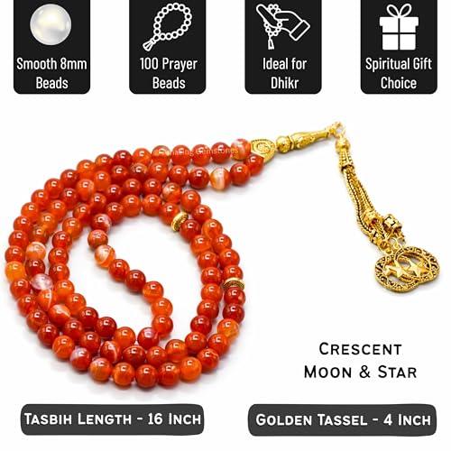 Amazing Gemstone Crystal Tasbeeh with Moon and Star Charm - Certified Crystal Muslim Prayer Beads Natural Gemstone Tasbih Gift for Ramadan Dhikr and Daily Namaz (G) - color: Red Banded Agate