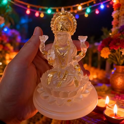 Lakshmi Statue, 4.3 Inch White and Gold Resin Laxmi Idol on Lotus