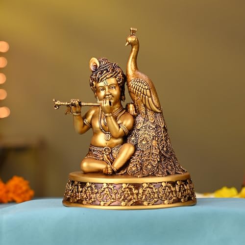 Artarium Bal Krishna Idol 6.7 Inch, Baby Krishna Nand Laddoo Gopal Statue with Peacock, Golden Finish Lord Krishna Murti for Home Temple Mandir Pooja Room, Kids Room Decor & Spiritual Gift for Indian - color: #1 Nand Gopal Idol