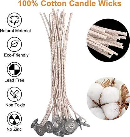 ECO6 100pcs Pre-Waxed Wicks for Soy Candles, 8 inch Thick Wick with Base - size: ECO6