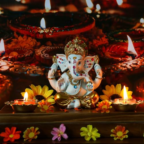 alikiki Hindu God Ganesha Idol Statue - 5.6" H Gold Toned Indian God Lord Ganpati Murti for Diwali Pooja Decor Home Mandir Temple Altar Shrine Puja Item Wedding Spiritual Decors