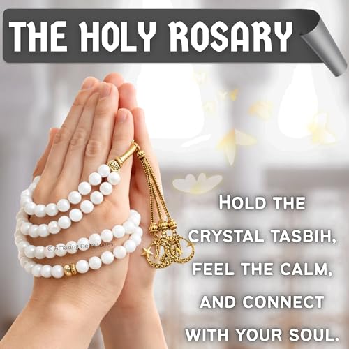 Amazing Gemstone Crystal Tasbeeh with Moon and Star Charm - Certified Crystal Muslim Prayer Beads Natural Gemstone Tasbih Gift for Ramadan Dhikr and Daily Namaz (G) - color: Mother of Pearl