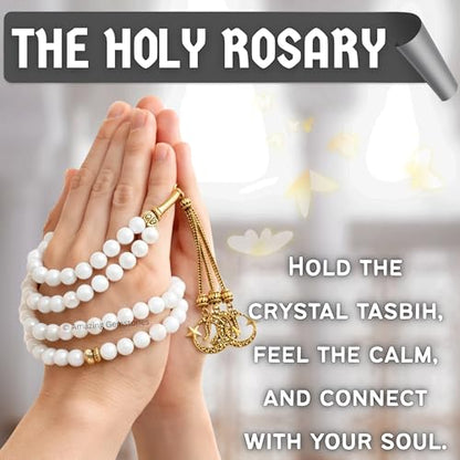 Amazing Gemstone Crystal Tasbeeh with Moon and Star Charm - Certified Crystal Muslim Prayer Beads Natural Gemstone Tasbih Gift for Ramadan Dhikr and Daily Namaz (G) - color: Mother of Pearl