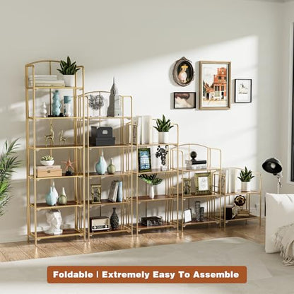 Crofy 5-Tier Foldable Bookshelf, Gold Frame & Walnut Shelves - color: Gold Frame & Walnut Shelf, size: 5 Tier