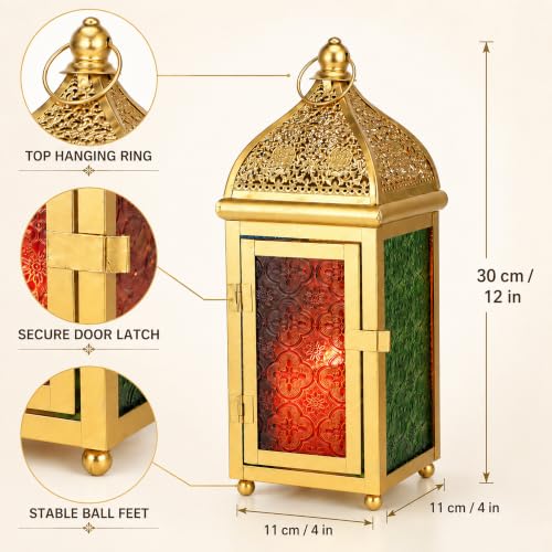 TRIROCKS 12 Inch Gold Moroccan Candle Lantern, Metal Hanging Candle Holder - size: 5*12"H