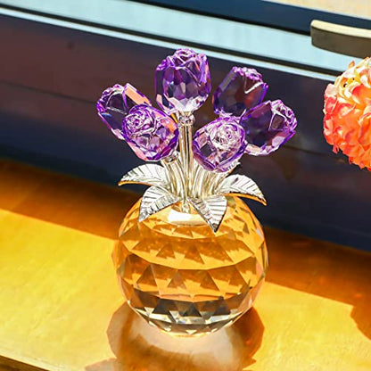 Movdyka Purple Crystal Rose Glass Flowers with Vase Figurine Home Decor - color: Purple-crystal Rose