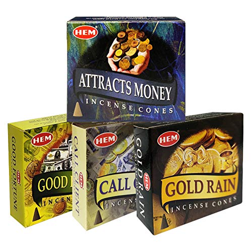 Hem Incense Cones Variety Pack #1 and Cone Incense Burner Bundle with 4 Money Luck and Business Themed Fragrances - color: Popular 4a