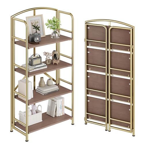 No Assembly,Gold Folding Bookshelf 4 Tiers, Vintage Storage Rack,Brown&Gold - color: Brown&gold, size: 4-tier