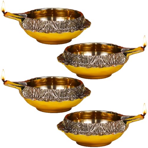 Fine Living Kuber Brass Diyas for Pooja Set of 4, 2.75Inch, Gold Finish - style: Kuber Diya Set of 4