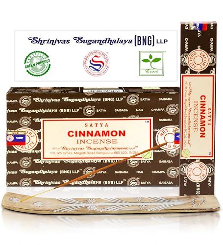Satya Cinnamon Incense Sticks, Satya Bng (Bangalore) Insenses 15gmx12 Pack with Raajsee Incense Holder Bundle, Satya Nagchampa Natural Incense - color: Cinnamon