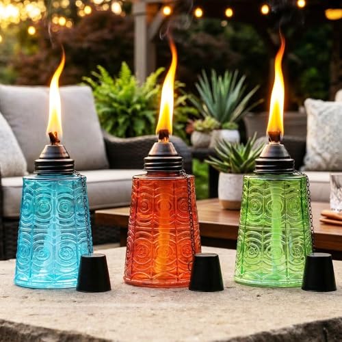 Seraphic Citronella Torches for Outdoor Patio Table Top Decor, 3pc - color: Blue/Amber/Green