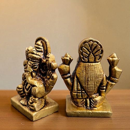 Brass Laxmi Ganesh Idol Pair 1.5 Inch Height, 120 Gram | Hindu Religious Figurine Murti Statue for Diwali, Home Temple, Office, Workplace & Festive Decor Showpiece
