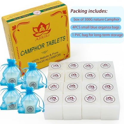 Natural Camphor Blocks (300 Grams, 64 Tablets) - Pure Camphor Tablets Cubes for Aromatherapy & Puja Alcanfor en Bloques, Alcanfor by Alikiki