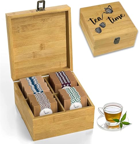 Bamboo Tea Organizer Box Chemical Free Eco-Friendly Big, Tall, Adjustable Cubbies Natural Wooden Storage Chest (4-Slot Square 7.4" x 8.1" x 4.2" Tea Time) - color: Tea Time Pot & Cups, size: 4-Slot Square