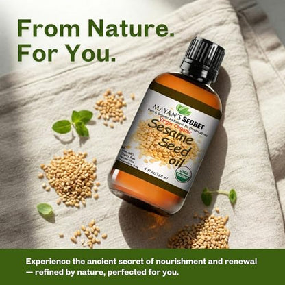 Mayan’s Secret Organic Sesame Oil - Cold Pressed, Unrefined, Hexane-Free and Organic Sesame Seed Oil for Skin, Body, Face & Hair – 100% Pure - Amber Glass Bottle, 4 fl. oz. - USDA Certified