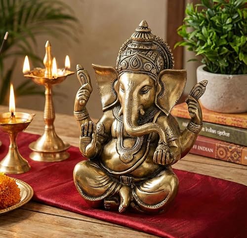 eSplanade 8" Brass Ganesha in Antique Finish | Pooja Puja Ganesh Ganesha Ganpati Ganapati Murti Idol (8" Ganesh Big)