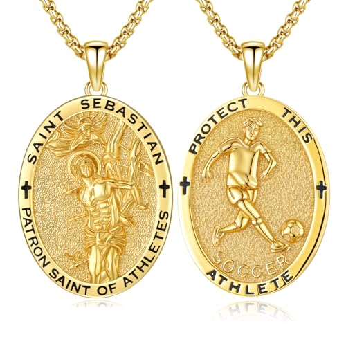 Silver/14K Gold Patron Saint Medal Amulet Necklace for Men Women - color: Gold, style: 23A-St Sebastian Soccer