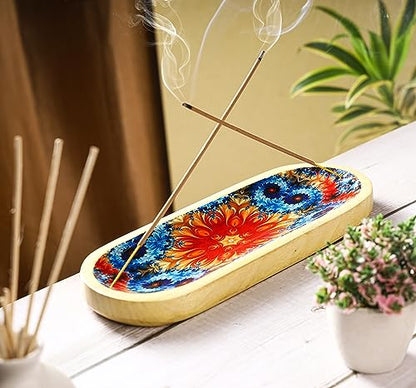 Bless-International Traditional-Handmade-Tray-Burner Wooden-Trat-Incense-Stick-Holder Ash-Catcher-Stand for-Aromatherapy-Meditation-Yoga 11x4x1.22 Inches (Abstract Flowers) - color: Abstract Flowers
