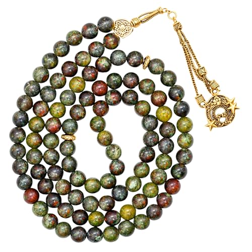 Amazing Gemstone Crystal Tasbeeh with Moon and Star Charm - Certified Crystal Muslim Prayer Beads Natural Gemstone Tasbih Gift for Ramadan Dhikr and Daily Namaz (G) - color: Dragon Bloodstone