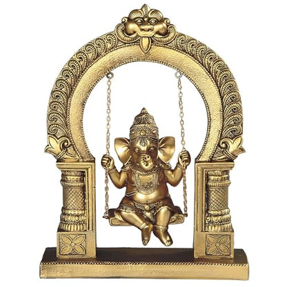 ICE Armor 10" H Brass Ganesha on Swing Statue Feng Shui Decoration Religious Figurine Office Desk/Home/Living Room/Table Decor, Perfect House Warming Gifts for New Home