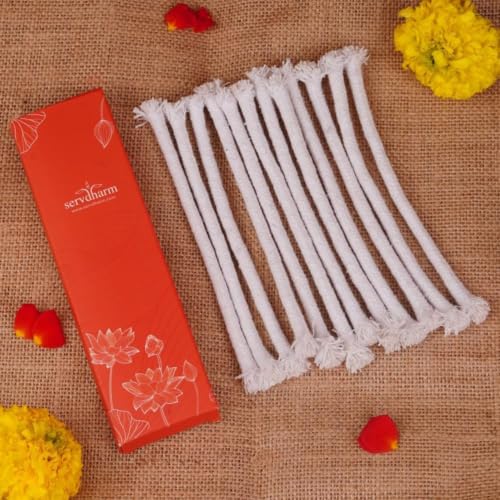 ServDharm Oil Lamp Wicks 6.7" | Akhand Jyoti Diya Long Twisted Cotton Wicks for Pooja | Pack of 12