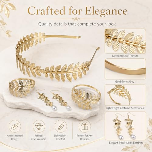 5PCS Greek Goddess Costume Accessories Set Gold Headband Laurel Wreath Headpiece with Armband and Earrings Toga Costume Woman Leaf Crown for Wedding Halloween Roman Toga Party