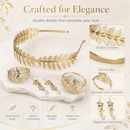 5PCS Greek Goddess Costume Accessories Set Gold Headband Laurel Wreath Headpiece with Armband and Earrings Toga Costume Woman Leaf Crown for Wedding Halloween Roman Toga Party