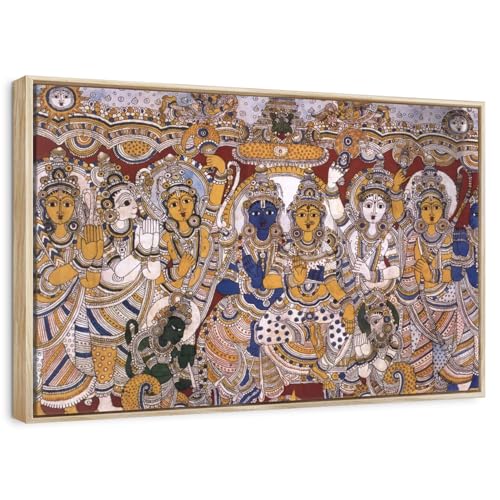 ElephantStock - Hindu Myth Rama And Sita Wall Art - Horizontal Floating Framed Canvas - Living Room Wall Decor - Painting Religion And Spirituality Art - Gray And Purple Decor - 25" x 17" - color: Floating Frame Natural Wood, size: 24"L x 16"W