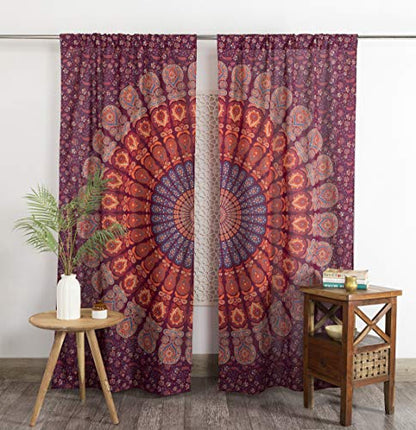 Popular Handicrafts Indian Hippie Bohemian Beautiful Peacock Mandala Window Curtain Panels Maroon - color: Maroon, size: 38"W x 83"L (Pack of 2)