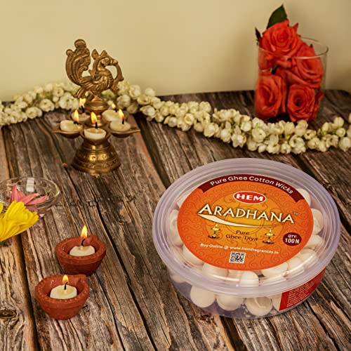 Hem Aradhna Pure Ghee Diya with Batti Pack of 100 Diyas | Pooja Room Items for Home | Wax Free | Ghee Wicks for Prayers, Rituals & Special Occasions | Burning Time: 30 mins