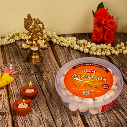 Hem Aradhna Pure Ghee Diya with Batti Pack of 100 Diyas | Pooja Room Items for Home | Wax Free | Ghee Wicks for Prayers, Rituals & Special Occasions | Burning Time: 30 mins